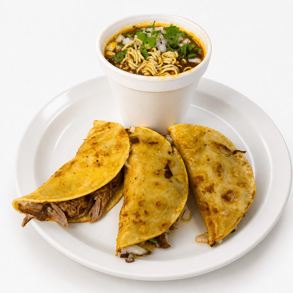 Tacos Birria (3) with Ramen.